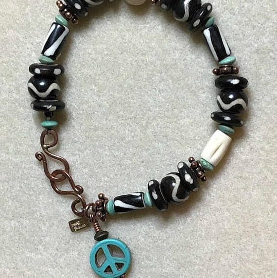 Herren Kupfer Riese // Schwarz Perlen Armband Holzperlen Peace Zeichen Geschenk Für Ihn Türkis Schmuck von CharmingBead