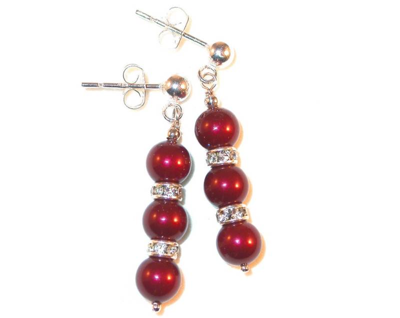 Bordeaux Red Perlen Ohrringe Braut Swarovski Crystal Elements Sterling Silber Ohrhänger von CharminglyYoursToo