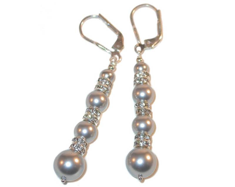 Handgefertigte Swarovski Perle Ohrringe Sterling Silber Lange Baumeln Light Grey Grau von CharminglyYoursToo