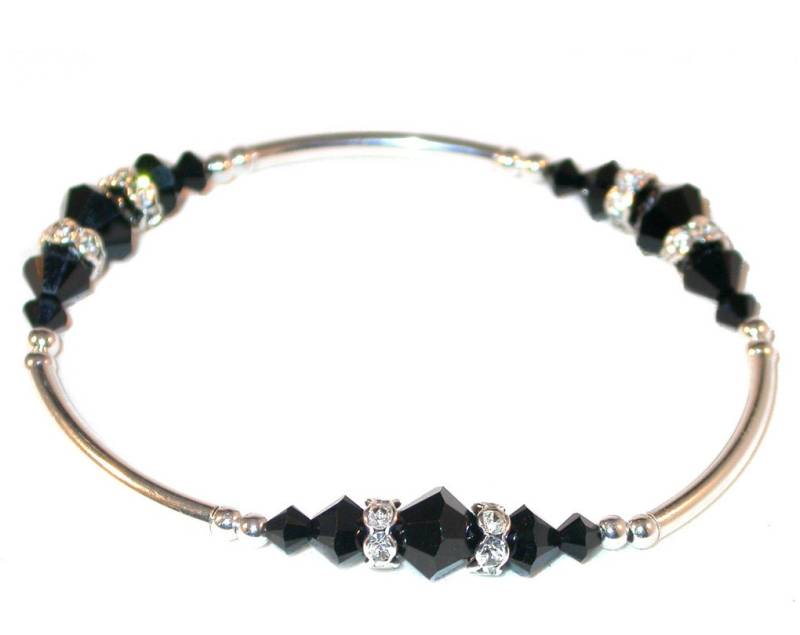 Jet Black Kristall Armband Stretch Sterling Silber Handgefertigt von CharminglyYoursToo