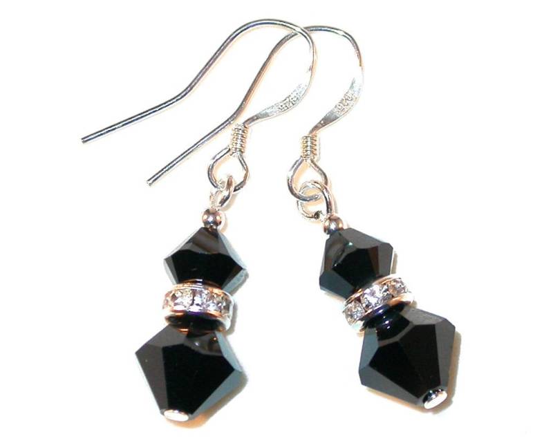 Jet Black Kristall Ohrringe Sterlingsilber Ohrhänger Swarovski Elements - Clip-On Oder Pierced von CharminglyYoursToo