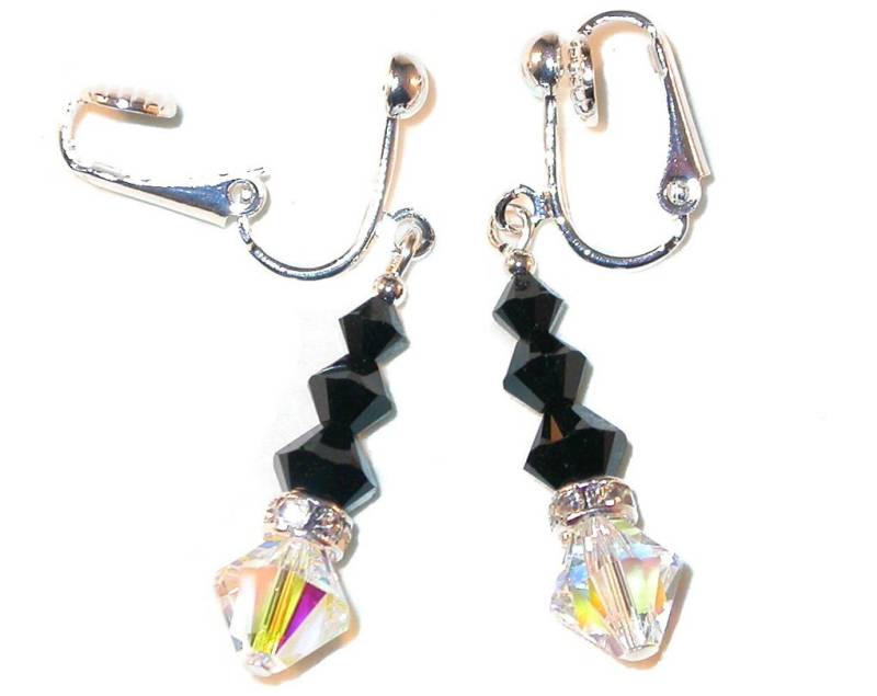 Jet Black & Clear Ab Kristall Ohrringe Sterlingsilber Ohrhänger Swarovski Elements - Clip-On Oder Pierced von CharminglyYoursToo