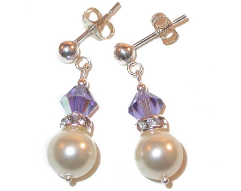 Tansanit Lila Creme Perlen Ohrringe Sterlingsilber Swarovski Crystal Elements von CharminglyYoursToo