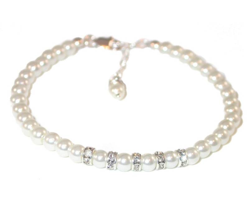 Zierliche Silber 4 Mm Weiße Perle Armband Braut Kind Swarovski Kristall-Elemente von CharminglyYoursToo
