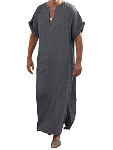 Männer Ethnische V-Ausschnitt Roll-up Ärmel Home Robe Einfarbig Side Split Loose Fit Kaftan Langes Kleid mit Tasche (Dunkelgrau, 5XL) von Charmlinda