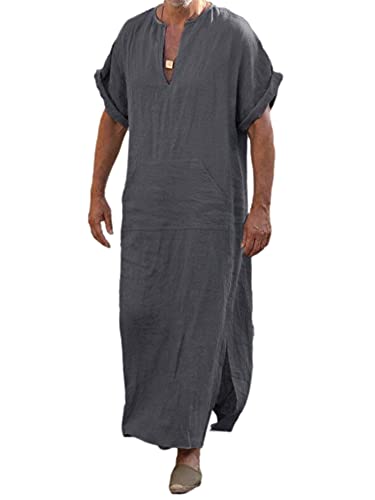 Männer Ethnische V-Ausschnitt Roll-up Ärmel Home Robe Einfarbig Side Split Loose Fit Kaftan Langes Kleid mit Tasche (Dunkelgrau, XL) von Charmlinda