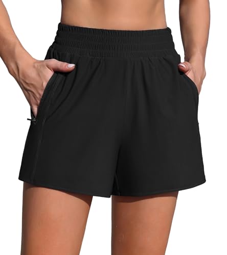 Charmo Badeshorts Damen Bauchweg Badehose High Waist Schwimmhose Schnelltrocknend Bikini Shorts mit Liner Taschen Schwarz von Charmo