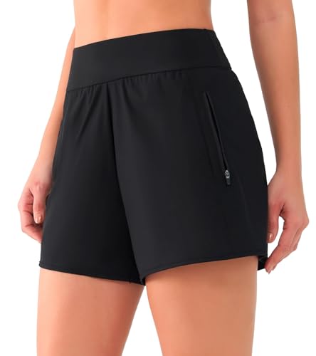 Charmo Badeshorts Damen Schwimmshorts High Waist Badehose Frauen Sommer Bikini Shorts Kurze Boardshorts mit Innenslip Taschen Schwarz von Charmo
