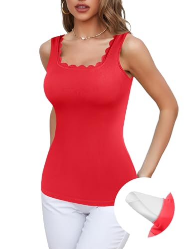 Charmo Damen Top mit integriertem BH Basic Shirts BH Hemd Unterhemden Baumwolle Trägertop Tanktops Frauen Rot von Charmo