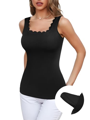 Charmo Top mit Integriertem BH Damen Tank Top Sommer BH Hemden Unterhemd Baumwolle Basic ärmellose Bluse Trägertop Schwarz von Charmo