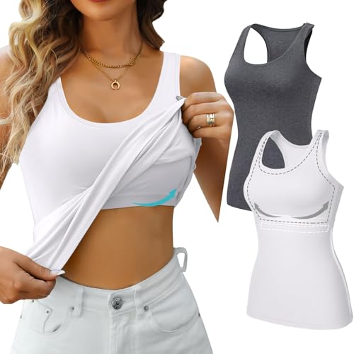 Charmo Damen Tank Top mit integriertem BH 2er Pack Grau Weiß (Keine BH Einlagen) - Feuchtigkeitsableitend, Atmungsaktiv - Racerback, Ärmellos, Sommer, Sport, Modern/Sportlich, XXL von Charmo