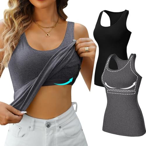 Charmo Tank Tops Damen mit Regal BH Baumwoll Unterhemden Basic eng lang Top Slim Fit Shirts Frauen 2er Pack Grau Schwarz von Charmo