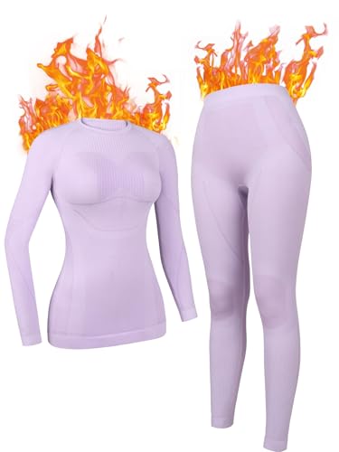 Charmo Skiunterwäsche Damen Thermounterwäsche Winter Oberteil und Unterteile Funktionswäsche Extra Warm Thermowäsche Set Lila und Weiß von Charmo