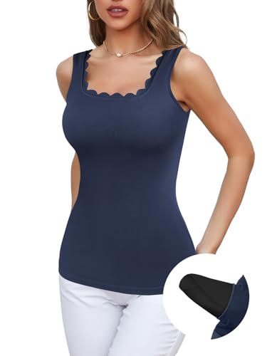 Charmo Top Damen Sommer Tank Top mit Integriertem BH Unterhemd BH Hemd mit Cups Long Trägershirt Tanktops Frauen Blau von Charmo