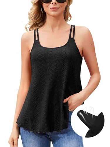 Charmo Tops Damen mit BH Basic Oberteile mit Cups Sommer Cami Long Tank Top BH Hemd Spaghettiträger Shirt ärmellos Blusentop Schwarz von Charmo