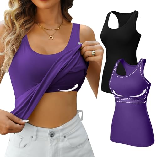 Charmo Tops für Damen Sommer Tank Top mit integriertem BH Sport Top Sommer Trägertop Basic Trägershirt Frauen 2er Pack von Charmo