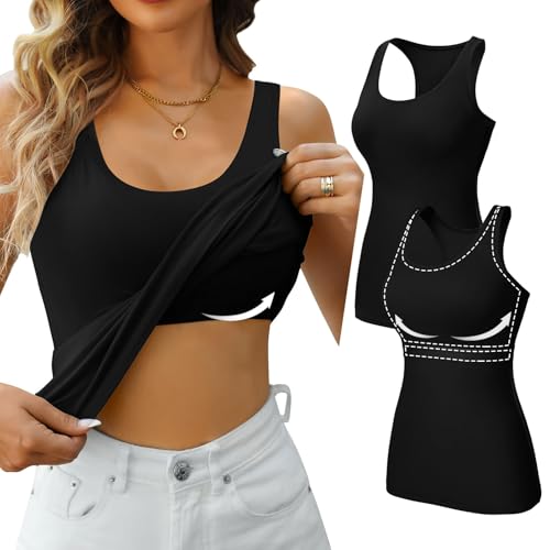 Charmo Unterhemden Damen Sport Top Basic Tank Tops mit BH Racerback Spaghettiträger Top BH Hemdchen ohne Bügel Shirts Frauen 2er Pack von Charmo