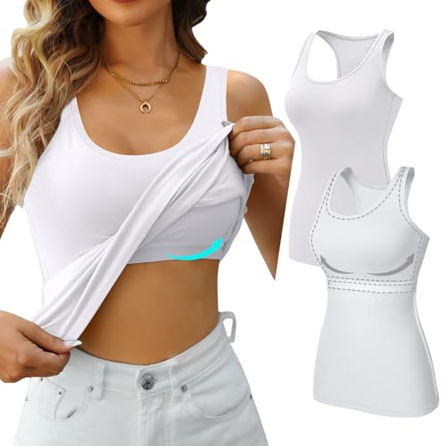 Charmo Unterhemd Damen Sommer Top mit integriertem BH BH Hemd mit Bügel Tank Top mit Regal-BH Slim Fit Trägershirt Longtop Frauen 2er Pack von Charmo