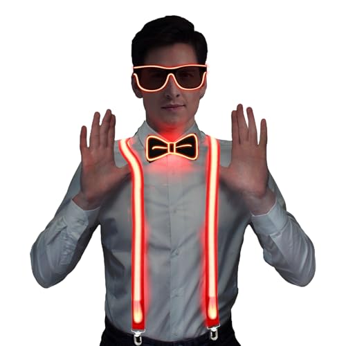 Charmofun 3 Stück LED-Leucht-Hosenträger, Leuchtende Herren-LED-Hosenträge, Licht Rave Outfit 3er Set, Verdrahtet Neon Rave Brille, Fliege für Musik Festival, Partybrille, Karneva (rot) von Charmofun