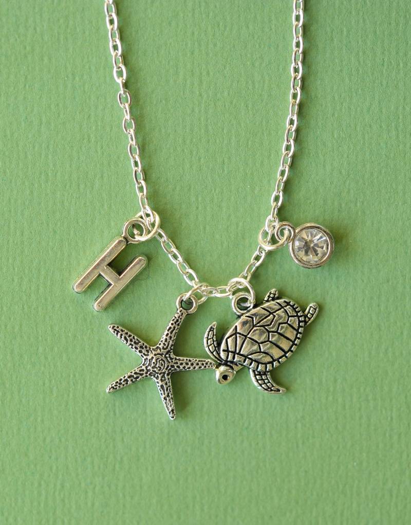 Schildkröte & Seestern Charm Halskette Versilbert Schmuck von CharmstoreCo
