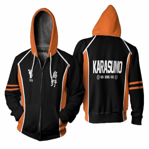 Charous Anime Haikyuu!! KARASUNO Club 3D-Digitaldruck Reißverschluss Hoodie, Unisex-Sweatshirts für Manga-Fans, Cosplay oder Geschenk, Schwarz , 5XL von Charous