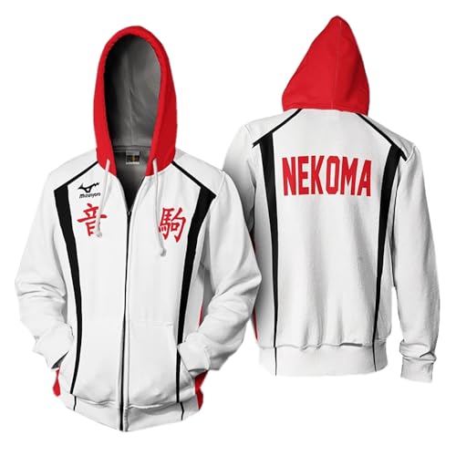 Charous Anime Haikyuu!! NEKOMA Club 3D-Digitaldruck Zip Hoodie, Unisex-Sweatshirts für Manga-Fans, Cosplay oder Geschenk, weiß, L von Charous