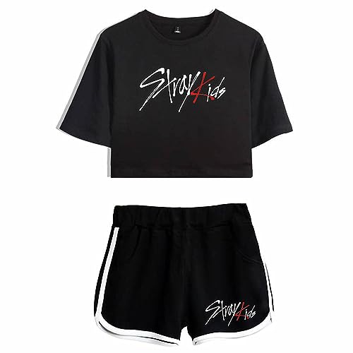 Charous Kpop-Stray Kids Band Crop Top,Female Casual T-Shirt und Shorts Anzug für Unterstützung StrayKids Fans STAY Geschenk von Charous