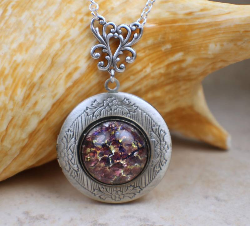 Amethyst Glas Feueropal Foto Locket Silber Andenken Halskette von Charsfavoritethings