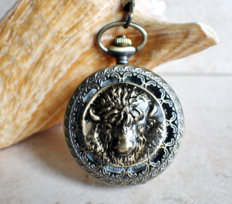Bronze Buffalo Taschenuhr Tigerauge Kette, Herren Western Style von Charsfavoritethings