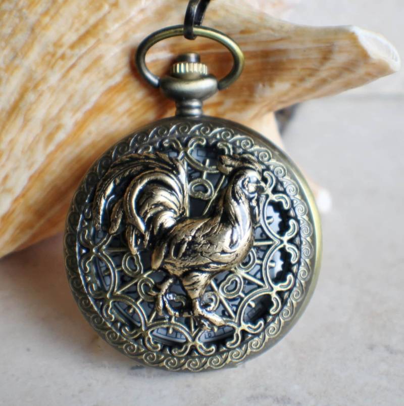 Bronze Hahn Taschenuhr Mit Tigerauge Kette von Charsfavoritethings