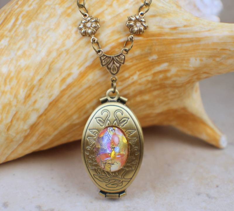 Monet Rot Sonnenuntergang Glas Opal Bronze Foto Medaillon, Falten Medaillon Halskette, Multi Bild Frame Monet Rot Sonnenuntergang Glas Opal Bronze Foto Medaillon, Falten Medaillon Halskette, Multi Bild Frame von Charsfavoritethings