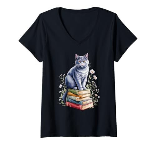 Damen Chartreux Carthusian Cat Bookworm Flowers Book Reading Books T-Shirt mit V-Ausschnitt Damen Chartreux Carthusian Cat Bookworm Flowers Book Reading Books T-Shirt mit V-Ausschnitt von Chartreux Cat Lover Gifts