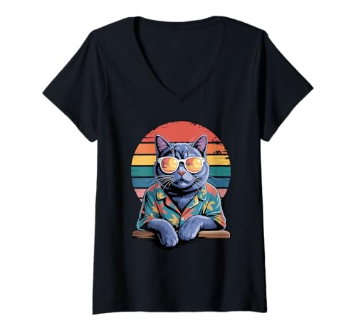 Damen Chartreux Katze Sonnenbrille Hawaii Strand Sommer T-Shirt mit V-Ausschnitt von Chartreux Cat Lover Gifts