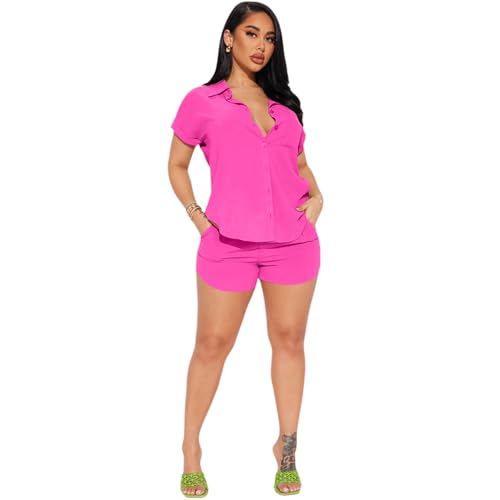 Charyeah Damen 2 Piece Outfits 2025 Kurzarm Button Down Bluse und Shorts Set Casual Strand Urlaub Zweiteiliges Outfit(Rosenrot,S) von Charyeah