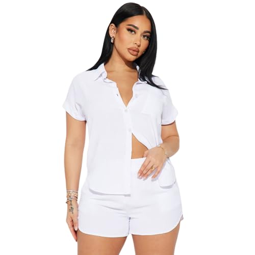 Charyeah Damen 2 Piece Outfits 2025 Kurzarm Button Down Bluse und Shorts Set Casual Strand Urlaub Zweiteiliges Outfit(Weiß, L) von Charyeah