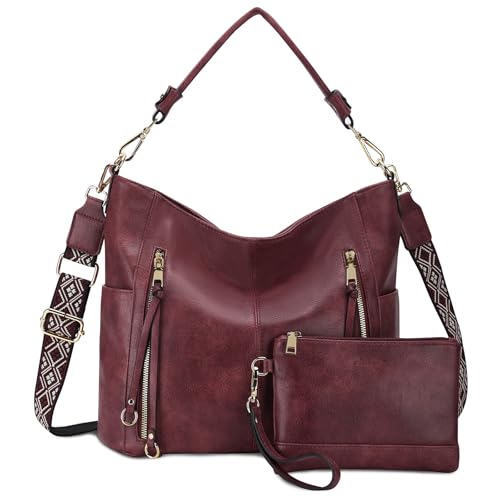 Chase Chic Handtasche Damen, Leder umhängetasche Shopper Hobo Taschen Geldbörse set Gross Schultertasche mit Abnehmbar Schulterriemen 2pcs Dunkelrot von Chase Chic
