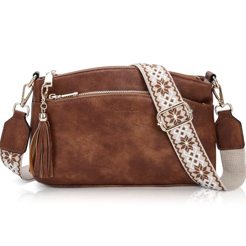 Chase Chic Umhängetasche Damen Klein,Kleiner Handtasche damen,Leder Crossbody Bag mit Breitem Schultergurt,Handytasche für Reisen,Einkaufen,Arbeiten (Braun) von Chase Chic