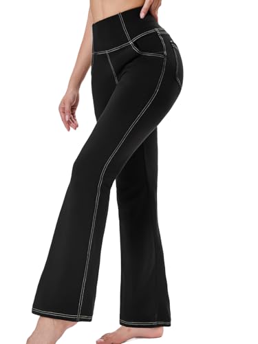 Chasehot Bootcut Yogahose Damen, High Waist Lange Schlaghose Leggings Stretch Mit 4 Taschen Flared Jogginghose Sporthose Für Gym Fitness Alltag,Schwarz-XL-31 von Chasehot