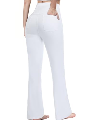 Chase Hot Bootcut Yogahose Damen, High Waist Lange Schlaghose Leggings Stretch Mit 4 Taschen Flared Jogginghose Sporthose Für Gym Fitness Alltag,Weiß-XL-31 von Chasehot