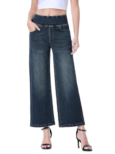 Chasehot Baggy Jeans Damen,Pull On High Waist Stretch Weites Lag Jeans,Cropped Straight Leg Jeanshose 7/8 Hose Sommer Mit 13 Taschen,Indigo Getragen-XXL von Chasehot