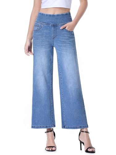 Chasehot Baggy Jeans Damen,Pull On High Waist Stretch Weites Lag Jeans,Cropped Straight Leg Jeanshose 7/8 Hose Sommer Mit 15 Taschen,Mittelblau-M von Chasehot