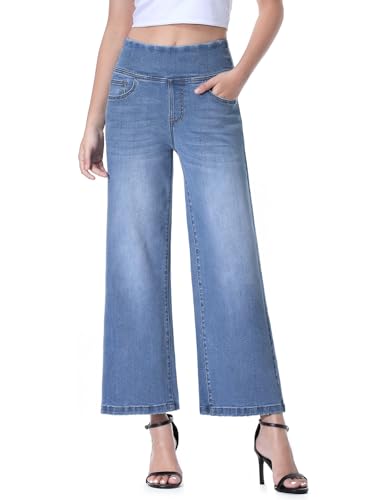 Chasehot Baggy Jeans Damen,Pull On High Waist Stretch Weites Lag Jeans,Cropped Straight Leg Jeanshose 7/8 Hose Sommer Mit 21 Taschen,Eisblau-L von Chasehot