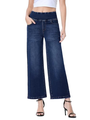Chasehot Baggy Jeans Damen,Pull On High Waist Stretch Weites Lag Jeans,Cropped Straight Leg Jeanshose 7/8 Hose Sommer Mit 4 Taschen,Dunkles Indigo-S von Chasehot