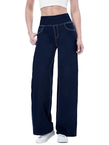 Chasehot Baggy Jeans Damen,Pull On Wide Leg Jean Mit Gummibund High Waist Stretch,Weites Bein Jeanshose Mit 4 Taschen,Blau-S,31" von Chasehot