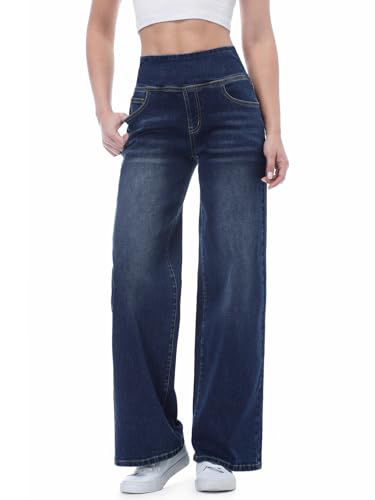 Chasehot Baggy Jeans Damen,Pull On Wide Leg Jeans Mit Gummibund High Waist Stretch,Weites Bein Jeans Damen Mit 4 Taschen Jeanshose zum Anziehen,Dunkles Indigo-M,29" von Chasehot
