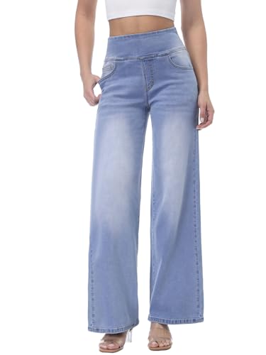 Chasehot Baggy Jeans Damen,Pull On Wide Leg Jeans Mit Gummibund High Waist Stretch,Weites Bein Jeans Damen Mit 4 Taschen Jeanshose zum Anziehen,Island Blau-M,29" von Chasehot
