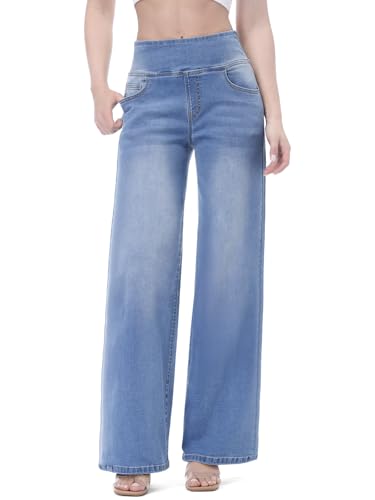 Chasehot Baggy Jeans Damen,Pull On Wide Leg Jeans Mit Gummibund High Waist Stretch,Weites Bein Jeans Damen Mit 4 Taschen Jeanshose zum Anziehen,Mittelblau-XL,31" von Chasehot