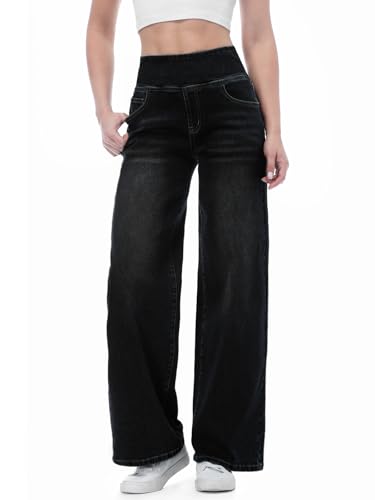 Chasehot Baggy Jeans Damen,Pull On Wide Leg Jeans Mit Gummibund High Waist Stretch,Weites Bein Jeans Damen Mit 4 Taschen Jeanshose zum Anziehen,Schwarz-XL,29" von Chasehot