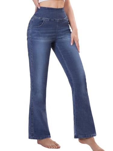 Chasehot Bootcut Jeans Damen, High Waist Stretch Jeggings Damen mit 4 Taschen Jeanshose zum Anziehen Schlaghose Jeans,Dunkelblau mit Weiß-XL-31 von Chasehot