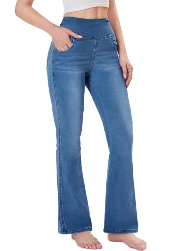 Chasehot Bootcut Jeans Damen, High Waist Stretch Jeggings Damen mit 4 Taschen Jeanshose zum Anziehen Schlaghose Jeans,Mittelblau mit weiß-L-31 von Chasehot